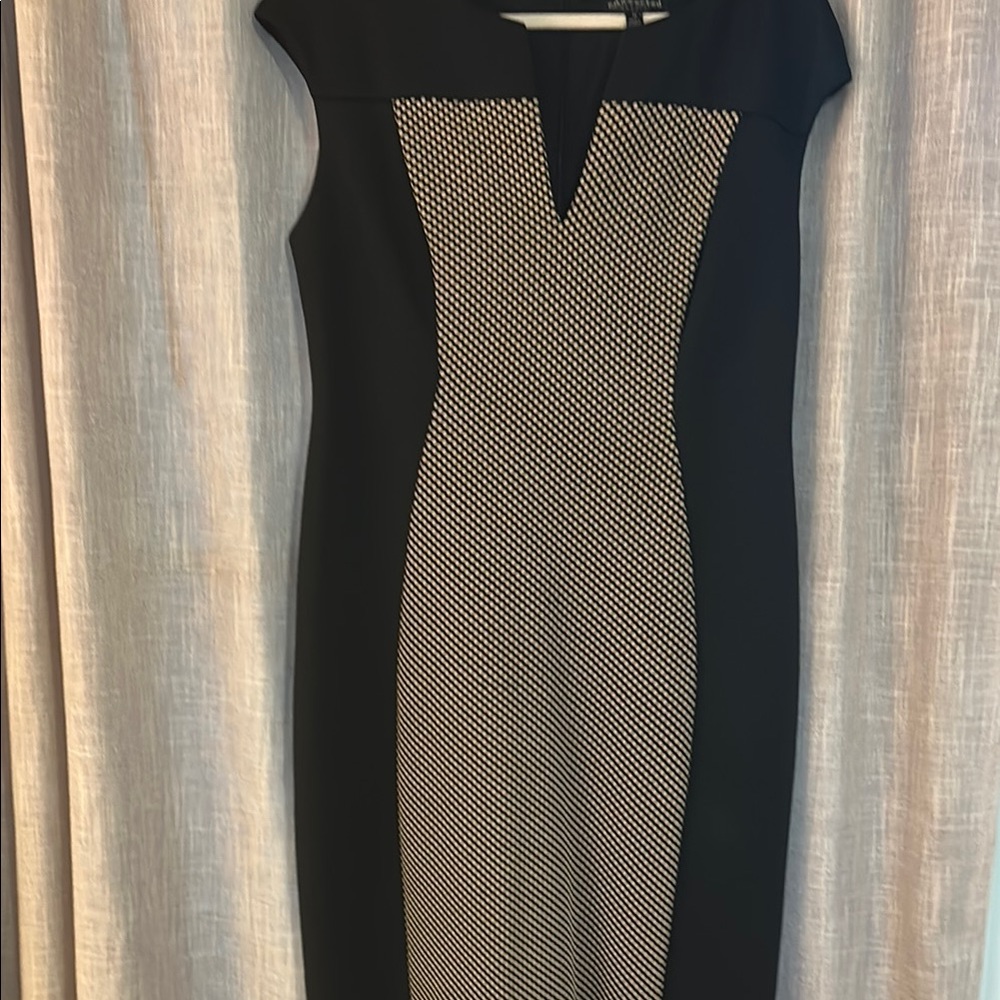 Connected Apparel Elegant Black and Beige slimming dress.